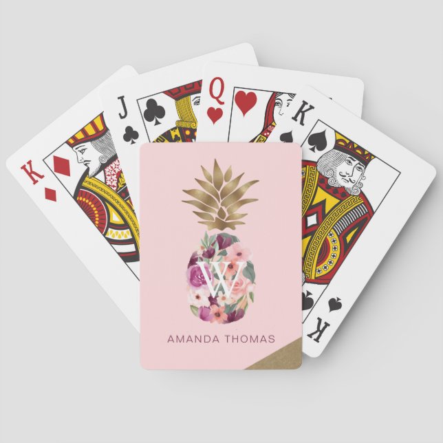 Jeu De Cartes Aquarelle florale chic Aiguille dorée rose ananas (dos)