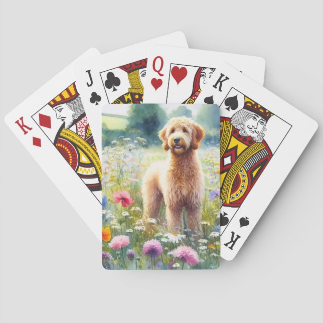 Jeu De Cartes Aquarelle Goldendoodle Chien Champ Fleur sauvage (dos)