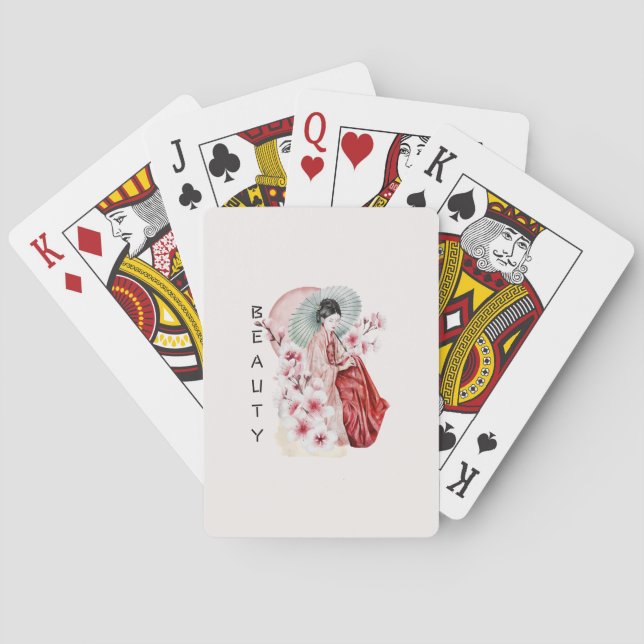 Jeu De Cartes Aquarelle japonaise de Geisha avec Kimono et Sakur (dos)