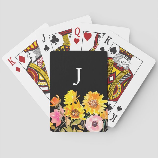 Jeu De Cartes Aquarelle jaune Tournesol Monogramme (dos)