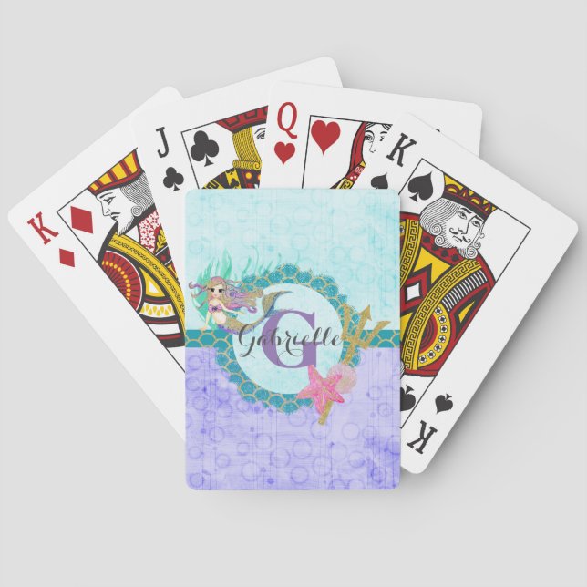 Jeu De Cartes Aquarelle mignonne de sirène Monogramme Turquoise  (dos)