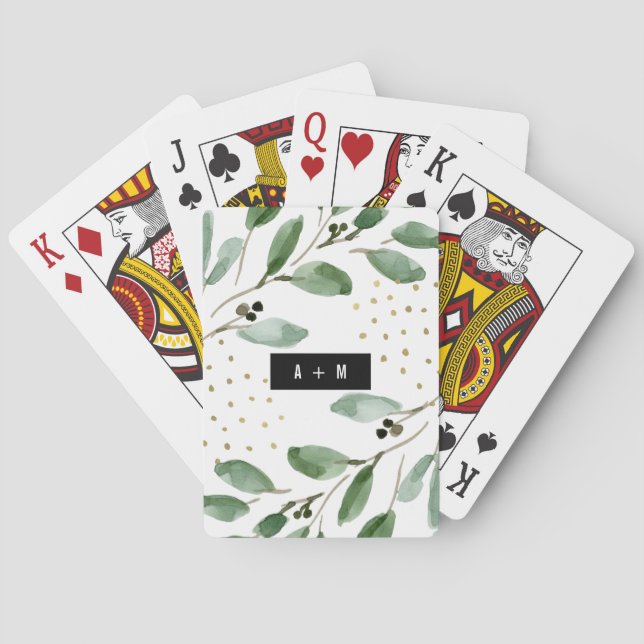 Jeu De Cartes Aquarelle moderne Verdure et or | Monogramme (dos)