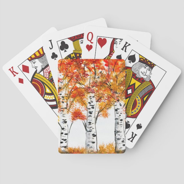 Jeu De Cartes Aquarelle Oiseaux Arbres Automne Orange Feuille (dos)