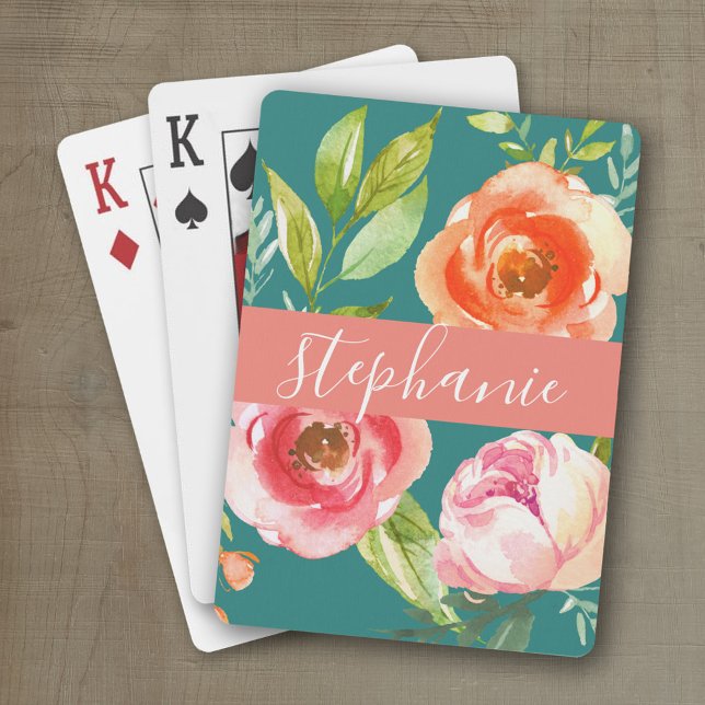 Jeu De Cartes Aquarelle peinte Motif Floral Nom personnalisé (Personalized playing cards with watercolor flowers and a place for a name)