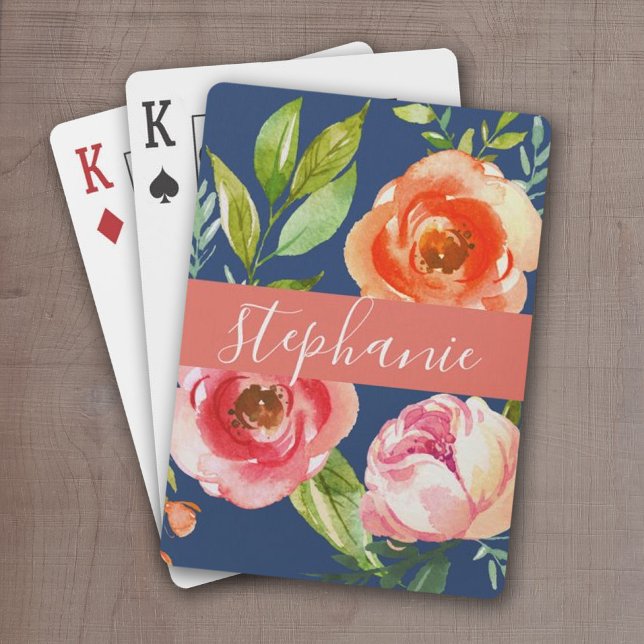 Jeu De Cartes Aquarelle peinte Motif Floral Nom personnalisé (Add a name or monogram to these personalized playing cards.)