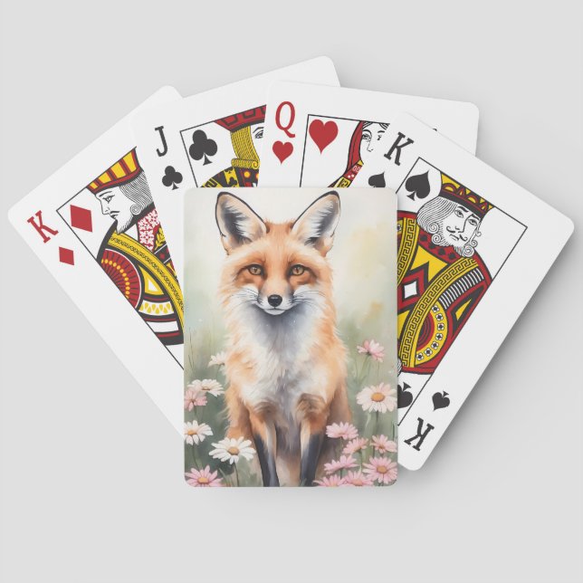 Jeu De Cartes Aquarelle Peinture Fox avec Fleurs marguerites (dos)