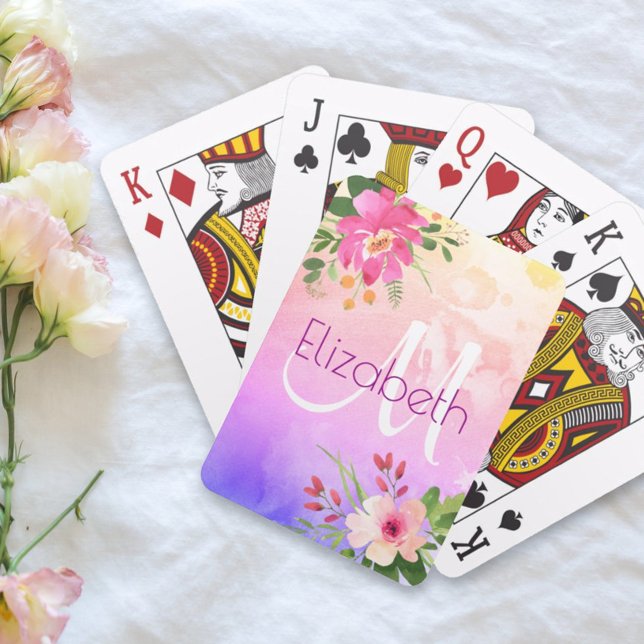 Jeu De Cartes Aquarelle rose violet Floral Chic Monogramme moder (Créateur téléchargé)