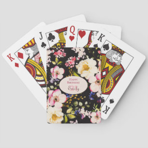 Jeu De Cartes Aquarelle Roses rose et jaune sur Noir, Anniversai