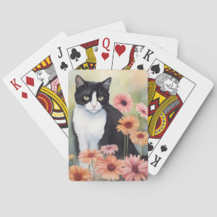 Jeu De Cartes Aquarelle Tuxedo Chat Avec Gerbera Fleurs Faisées