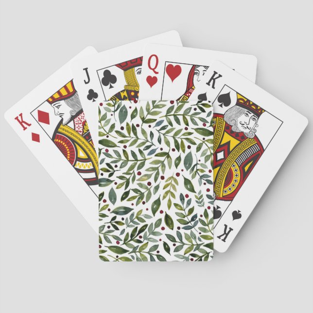 Jeu De Cartes Aquarelle verte branches saisonnières et baies (dos)