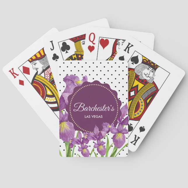 Jeu De Cartes Aquarelle violette Iris noir blanc Pois (dos)