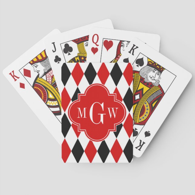 Jeu De Cartes Arlequin noir blanc rouge Quatrefoil rouge 3 Monog (dos)