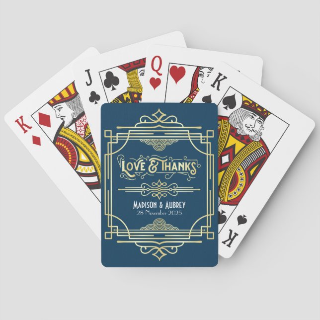 Jeu De Cartes Art Déco Mariage Love & Thanks Gold Blue Favor (dos)