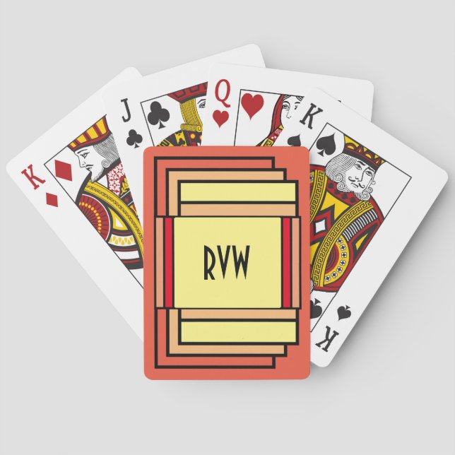 Jeu De Cartes Art Déco Monogramme géométrique orange jaune noir (dos)