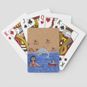 Jeu De Cartes Art populaire Lady Cat Beach Océan Dauphin natatio