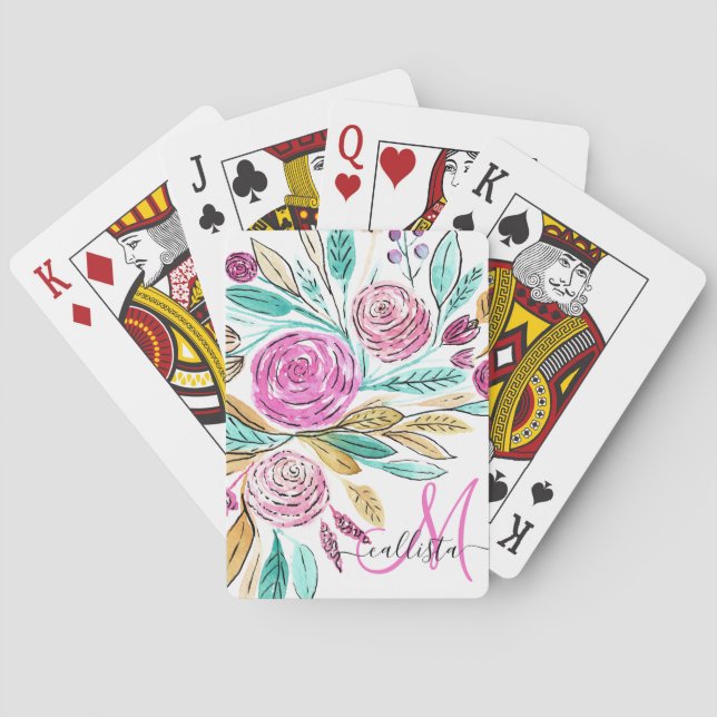 Jeu De Cartes Artsy Elegant rose Turquoise Aquarelle Florale Mon (dos)