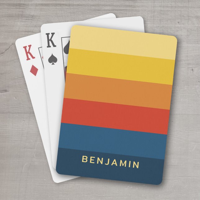 Jeu De Cartes Bandes de coucher de soleil rétroactives avec nom  (Personalized Playing Cards - add your photos and text  - retro sunset stripes)