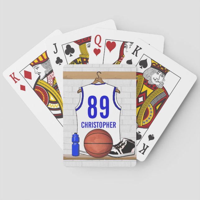 Jeu De Cartes Basket-ball blanc et bleu personnalisé Jersey (dos)