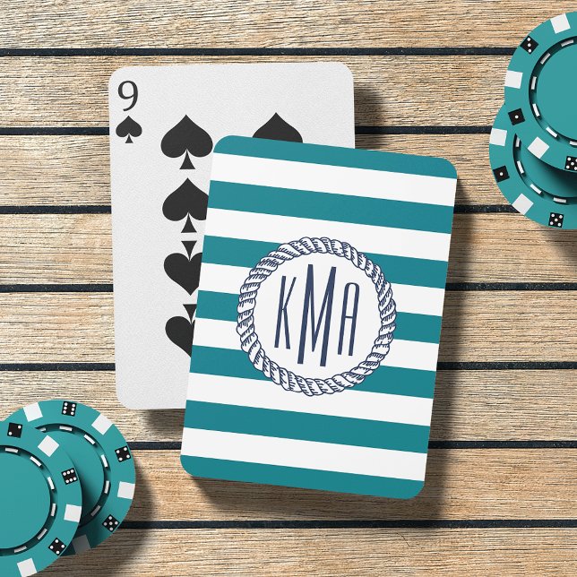 Jeu De Cartes Beach House Turquoise bande et Monogramme marine (Créateur téléchargé)