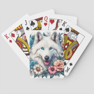 Jeu De Cartes Beau Loup blanc et fleurs