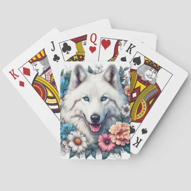 Jeu De Cartes Beau Loup blanc et fleurs (dos)