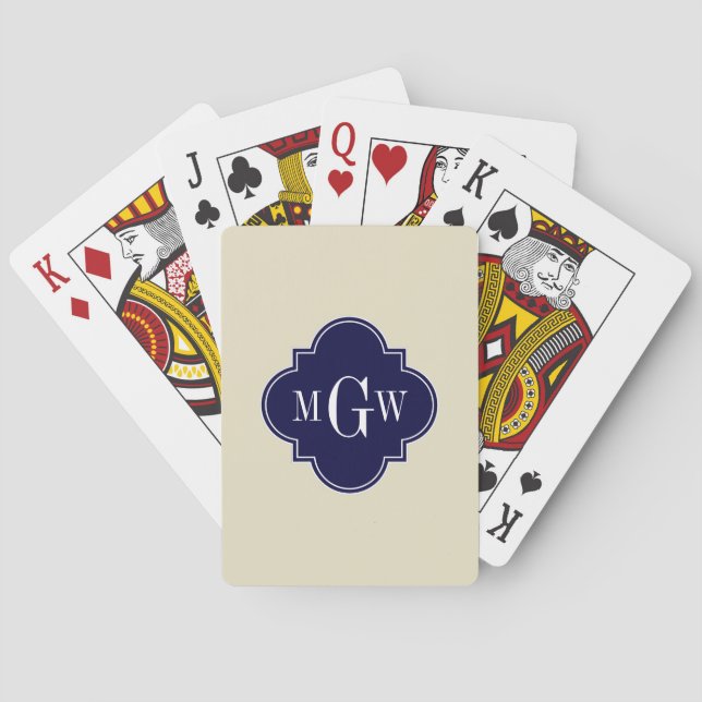 Jeu De Cartes Beige, White Moroccan #5 Navy 3 Initial Monogram (dos)