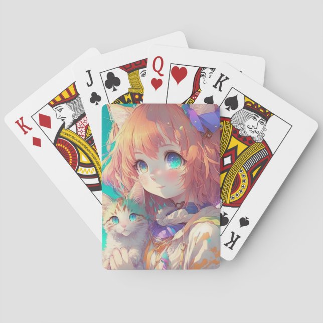 Jeu De Cartes Belle Anime Girl avec Cute Kitten (dos)