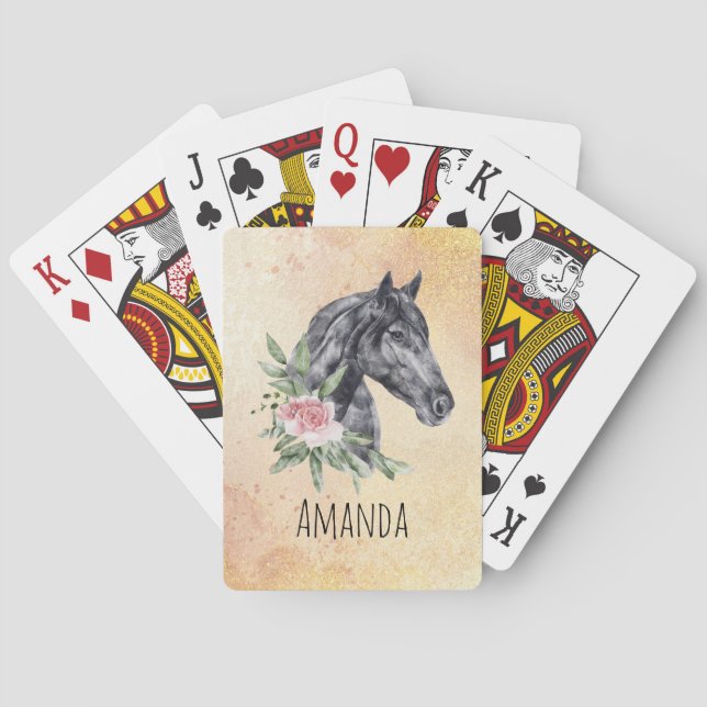 Jeu De Cartes Belle tête de cheval noir Portrait d'aquarelle (dos)