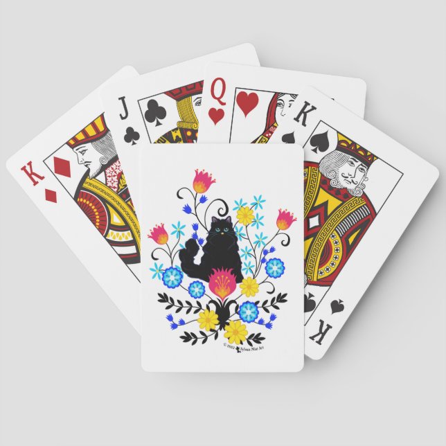 Jeu De Cartes Black Fluffy Cat with Flowers (dos)