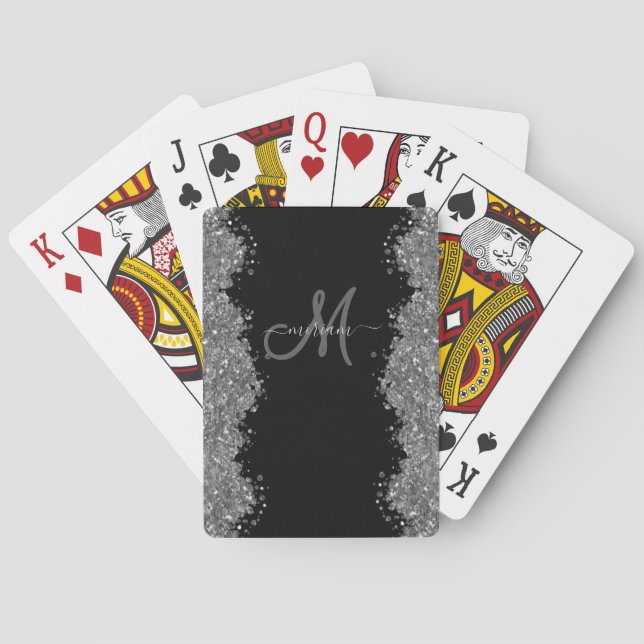 Jeu De Cartes Black Silver Faux Glitter Grey Modern Monogram (dos)