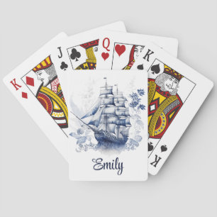 Jeu De Cartes Bleu et blanc Delft voilier en mer