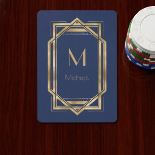 Jeu De Cartes Bleu Nuit & Géométrique Or Monogramme & Nom