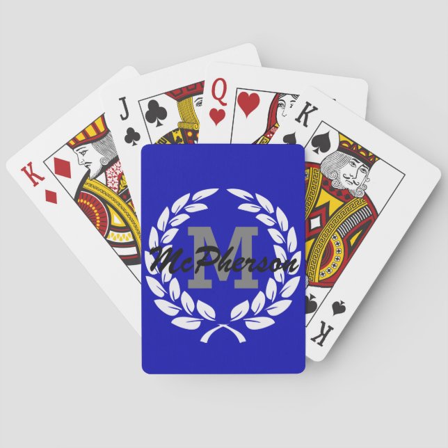 Jeu De Cartes Bleu royal avec couronne victorieuse et monogramme (dos)