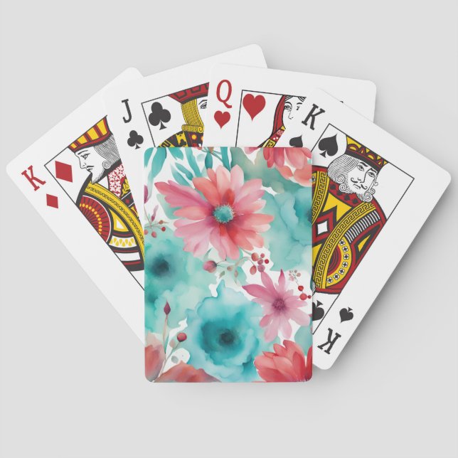 Jeu De Cartes bleu turquoise Aquarelle rouge Fleurs de printemps (dos)