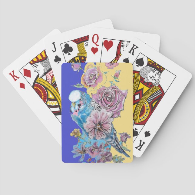 Jeu De Cartes Blue Budgie Red Rose Flower Jouant aux cartes bleu (dos)