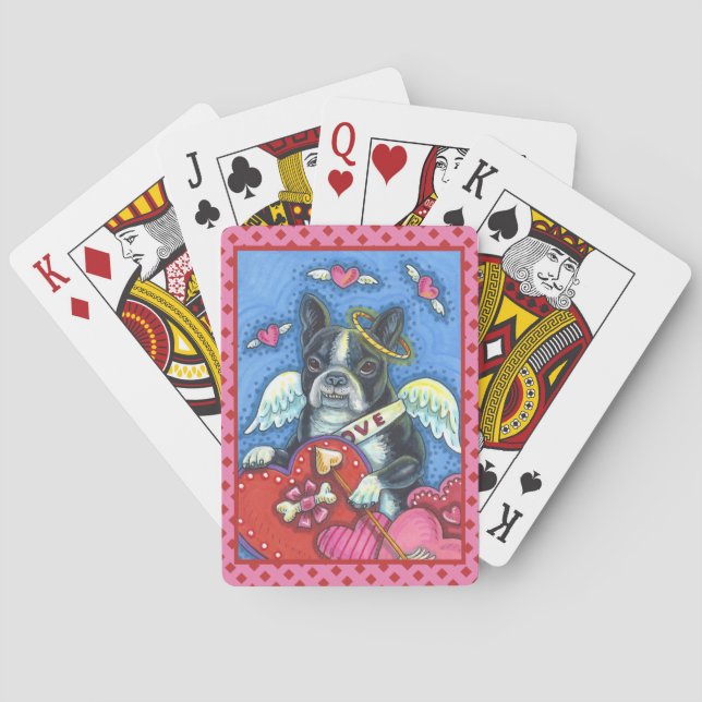 JEU DE CARTES BOSTON TERRIER CUPID, CHIEN VALENTINE POKER ROSE (dos)