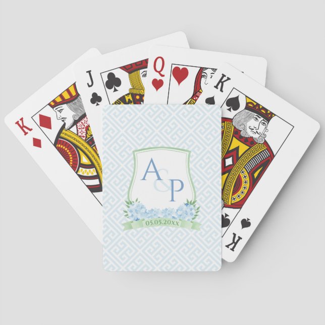 Jeu De Cartes Botanique Vert Bleu Monogramme Mariage Faveur (dos)