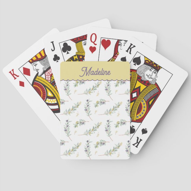 Jeu De Cartes Branche d'olive vert sauge Nom personnalisé (dos)
