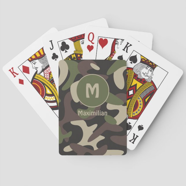Jeu De Cartes Camouflage militaire Vert Motif Brown Monogramme (dos)