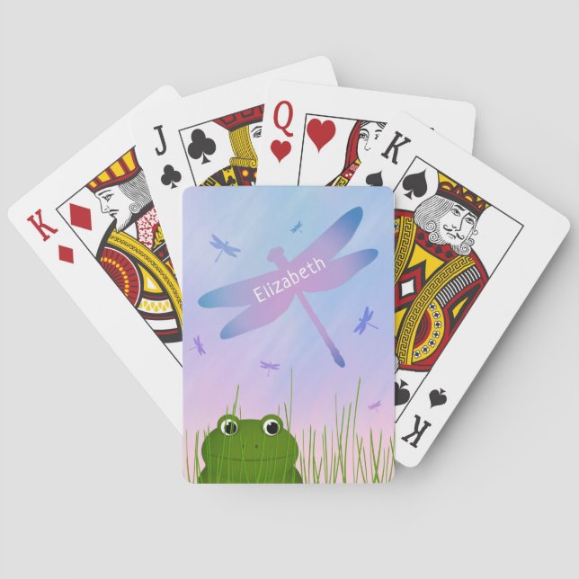 Jeu De Cartes caricature grenouille regarder sur l'herbe dragonf (dos)