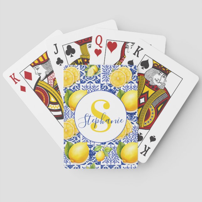 Jeu De Cartes Carrelage à motif de citron blanc bleu Monogramme  (dos)