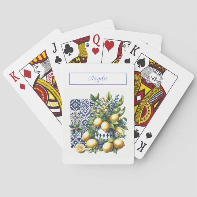 Jeu De Cartes Carrelage bleu italien et citrons | votre nom (dos)