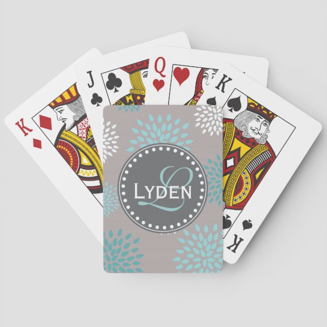 Jeu De Cartes Carte cadeau monogramme moderne gris bleu turquois (dos)