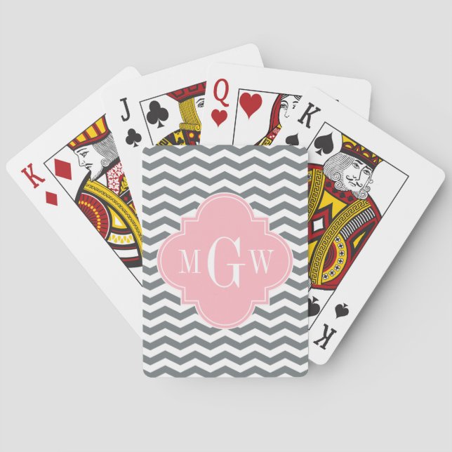 Jeu De Cartes Charcoal Thin Chevron Pink Quatrefoil 3 monogram (dos)