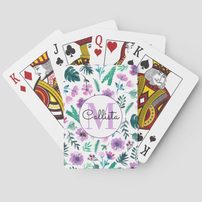 Jeu De Cartes Chasseur de violet Aquarelle tropicale Fleurs Mono (dos)