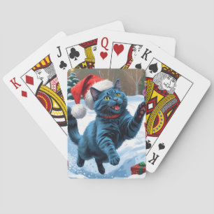 Jeu De Cartes Chat bleu russe à la neige avec Casquette de Noël