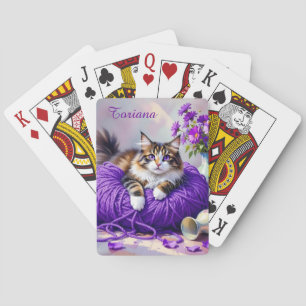 Jeu De Cartes Chat en fil violet et fleurs