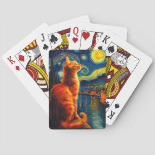 Jeu De Cartes Chat roux contemplatif   Ciel nocturne étoilé