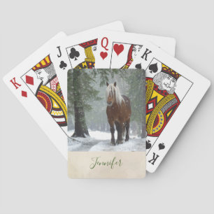 Jeu De Cartes Cheval Brown dans une forêt d'hiver avec chute de 