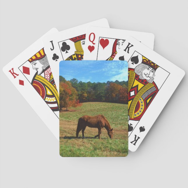Jeu De Cartes Cheval Brown rouge, arbres de chute, ciel bleu (dos)